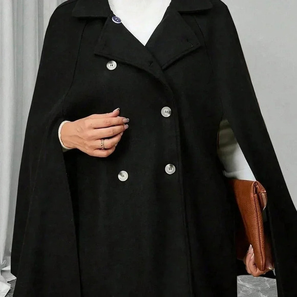 Black Elegant Women's Plus Size Button Poncho Sleeve Wool Coat - Picture 1 of 6